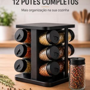 Porta Temperos Giratório com 12 Potes de Vidro Diamond, Tampa Dosadora Ajustável, Organizador de Condimentos, Suporte Giratório Cozinha, Porta Condimentos Preto - Imagem 4