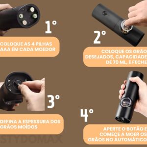 Kit 2 Moedor Elétrico de Sal e Pimenta Tempero (Pacote com 2) Conjunto Moedor de Sal Grosso e Pimenta Do Reino Automático Com Recipiente de 70 ml Luz Led Para Churrasco na Cozinha (Preto) (2) - Imagem 6