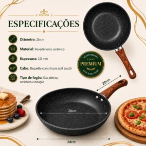 Frigideira Antiaderente Cerâmica Granito Preta 26cm com Cabo Soft Touch Madeira Compatível com Indução, Gás e Elétrico Rápido e Fácil de Limpar Ideal para Selar, Grelhar e Refogar Premium - Imagem 4