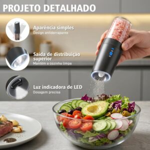 Kit 2 Moedor de Pimenta e Sal Elétrico Automático, Sensor por Inclinação, Operação com Uma Mão, Luz LED, Carregamento por Tipo-C, Ajuste de Moagem, 135ml, Preto, para Cozinha e Churrasco - Imagem 5
