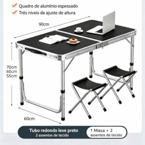 BEMMY Mesa Dobravel Portatil de Liga de Alumínio 90CM com 2 Banquinhos Pequenos, Escrivaninha Dobravel Maleta para Camping Pesca Jardim Área Externa Ou Interna - Imagem 3