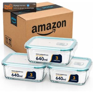 Kit 3 Potes de Vidro Herméticos 640ml com 4 Travas Ideal para Marmitas e Conservação de Alimentos, Vedação Total, Refratário para Forno e Freezer - Imagem 1