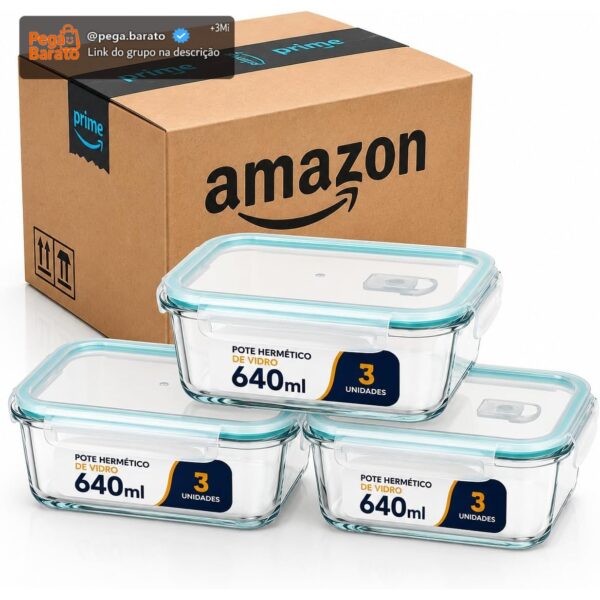 Kit 3 Potes de Vidro Herméticos 640ml com 4 Travas Ideal para Marmitas e Conservação de Alimentos, Vedação Total, Refratário para Forno e Freezer