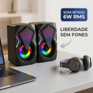 Caixinha de Som PC Gamer, Alto Falante Estéreo, Entrada USB e P2 | Potente, com Iluminação RGB, para Computador e Notebook, com Cabo Controle de Volume, Ideal Setup Gamer, Home Office, Premium - Imagem 2