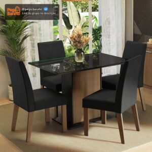 Conjunto Sala de Jantar Mesa Tampo de Vidro 4 Cadeiras Rustic/preto/oxford Zion Madesa - Imagem 1
