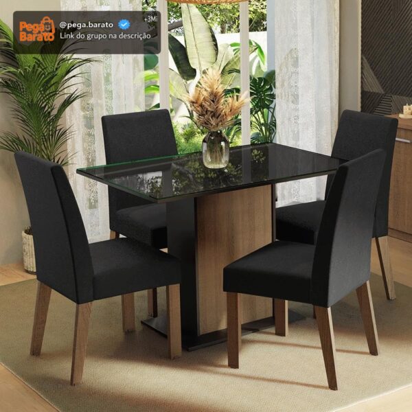 Conjunto Sala de Jantar Mesa Tampo de Vidro 4 Cadeiras Rustic/preto/oxford Zion Madesa