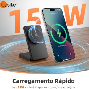 Basike Carregador Sem Fio, Carregador por Indução 15W Compatível para iPhone 16/15/14/13/12 Series e AirPods | Carregamento Rápido com Magnétic | Compatível com Qi (Cinza) - Imagem 2