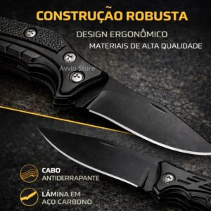 Canivete Tático Retrátil Dobrável Portátil Faca Clip de Bolso Camping Pesca Caça Aço Carbono Preto 16cm Lâmina Afiada Cabo Texturizado Alta Resistência Presente Homens Premium - Imagem 6
