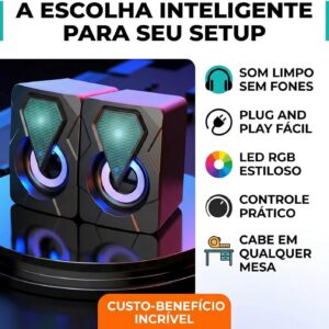 Caixinha de Som PC Gamer, Alto Falante Estéreo, Entrada USB e P2 | Potente, com Iluminação RGB, para Computador e Notebook, com Cabo Controle de Volume, Ideal Setup Gamer, Home Office, Premium - Imagem 7