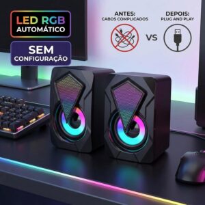 Caixinha de Som PC Gamer, Alto Falante Estéreo, Entrada USB e P2 | Potente, com Iluminação RGB, para Computador e Notebook, com Cabo Controle de Volume, Ideal Setup Gamer, Home Office, Premium - Imagem 5