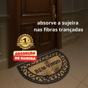 Tapete de Entrada Bem Vindo Fibra Natural Trançado Antiderrapante Capacho Emborrachado Decoração Estampado Resistente Porta Casa Apartamento Meia Lua Absorção Externo - Imagem 3