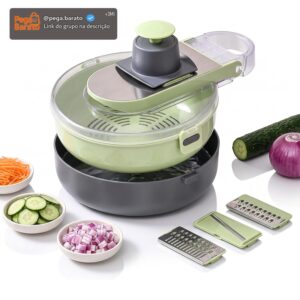 Cortador e Fatiador de Legumes Multifuncional 9 em 1, Ralador Mandoline com Cesto Escorredor e Recipiente, Lâminas de Aço Inox Intercambiáveis e Protetor de Mãos, Cores Variadas - Imagem 1