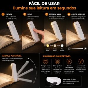Luz de Leitura para Livro LED Recarregável USB | Luminária com Clip para Livros | 3 Modos de Luz Quente Neutra e Fria | Brilho Ajustável | Ideal para Leitura Noturna e Estudos - Imagem 6