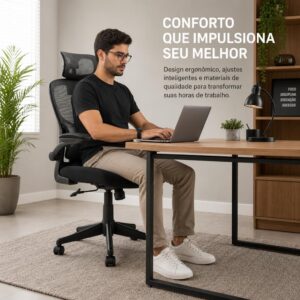 Cadeira de Escritório Presidente Ergonômica Preta Encosto Mesh Reclinável 135 Graus Cadeira Giratória com Apoio de Cabeça Braços Ajustáveis Suporte Lombar Alta Densidade Confortável - Imagem 5