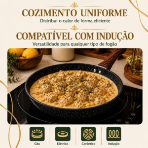 Frigideira Antiaderente Cerâmica Granito Preta 26cm com Cabo Soft Touch Madeira Compatível com Indução, Gás e Elétrico Rápido e Fácil de Limpar Ideal para Selar, Grelhar e Refogar Premium - Imagem 6