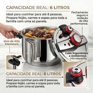 Panela de Pressão Aço Inox 6 Litros Fundo Triplo Indução e Gás - Segurança Tripla e Cozimento Rápido - Modelo Premium Polido - Imagem 2