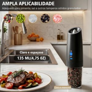 Kit 2 Moedor de Pimenta e Sal Elétrico Automático, Sensor por Inclinação, Operação com Uma Mão, Luz LED, Carregamento por Tipo-C, Ajuste de Moagem, 135ml, Preto, para Cozinha e Churrasco - Imagem 7