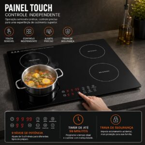 Cooktop de Indução 4 bocas controle independente 7000 W, 9 níveis de potência, trava para crianças, Controle de toque, cozinha moderna e elegante, 220V - Imagem 3