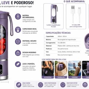 Mini Liquidificador Portátil Recarregável USB com Display Digital – Mixer de Frutas e Shake – Bateria Longa Duração, Compacto e Potente - Imagem 6