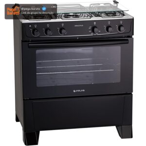 Fogão 5 bocas Atlas Mônaco Plus Preto com Acendimento Automático e Mesa Inox - Imagem 1