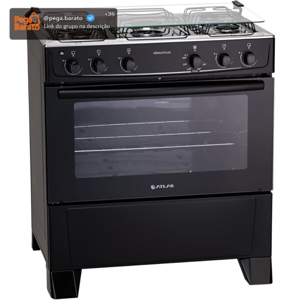 Fogão 5 bocas Atlas Mônaco Plus Preto com Acendimento Automático e Mesa Inox