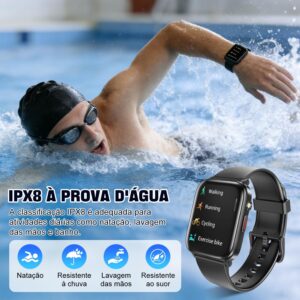 Smartwatch com Tela Sensível ao Toque 1,83", Bluetooth 5.2, Resistente à Água IP68, Bateria 240mAh, Preto - Imagem 4