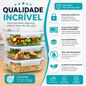 Kit 3 Potes de Vidro Herméticos 640ml com 4 Travas Ideal para Marmitas e Conservação de Alimentos, Vedação Total, Refratário para Forno e Freezer - Imagem 4