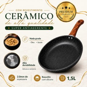 Frigideira Antiaderente Cerâmica Granito Preta 26cm com Cabo Soft Touch Madeira Compatível com Indução, Gás e Elétrico Rápido e Fácil de Limpar Ideal para Selar, Grelhar e Refogar Premium - Imagem 5