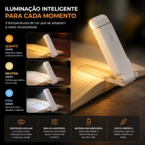 Luz de Leitura para Livro LED Recarregável USB | Luminária com Clip para Livros | 3 Modos de Luz Quente Neutra e Fria | Brilho Ajustável | Ideal para Leitura Noturna e Estudos - Imagem 7