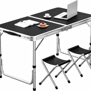 BEMMY Mesa Dobravel Portatil de Liga de Alumínio 90CM com 2 Banquinhos Pequenos, Escrivaninha Dobravel Maleta para Camping Pesca Jardim Área Externa Ou Interna - Imagem 1