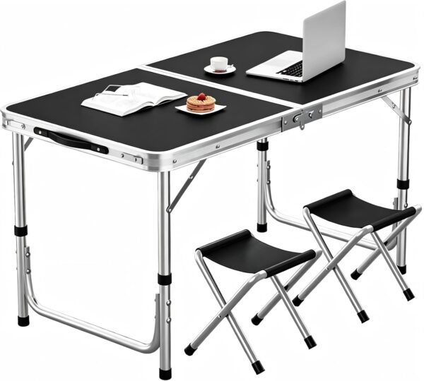 BEMMY Mesa Dobravel Portatil de Liga de Alumínio 90CM com 2 Banquinhos Pequenos, Escrivaninha Dobravel Maleta para Camping Pesca Jardim Área Externa Ou Interna