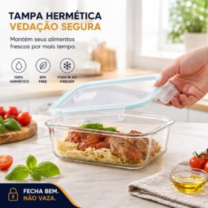 Kit 3 Potes de Vidro Herméticos 640ml com 4 Travas Ideal para Marmitas e Conservação de Alimentos, Vedação Total, Refratário para Forno e Freezer - Imagem 6