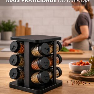 Porta Temperos Giratório com 12 Potes de Vidro Diamond, Tampa Dosadora Ajustável, Organizador de Condimentos, Suporte Giratório Cozinha, Porta Condimentos Preto - Imagem 7