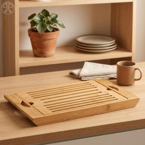 Tábua de Corte Bambu com Migalheira e Bandeja 4 em 1 | Bambu natural prensado, sulco coletor de migalhas, alças laterais, uso como fruteira ou suporte de panela, 36,8x22 cm - Imagem 5
