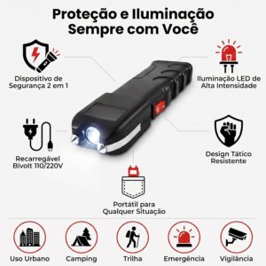 Lanterna Defesa Pessoal LED Tática 2 em 1 Recarregável Bivolt Alta Potência Dispositivo Segurança Portátil Uso Urbano Camping Emergência - Imagem 2