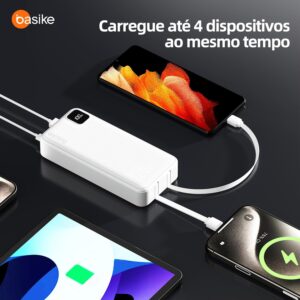 Basike Power Bank, Carregador Portátil Universal 20000mAh, USB-A(até 22.5W)+USB-C(até PD20W), com 2 Cabos Integrados (USB-C, Lightning) Carregamento Rápido, Led Indicador de Bateria (Branco) - Imagem 7
