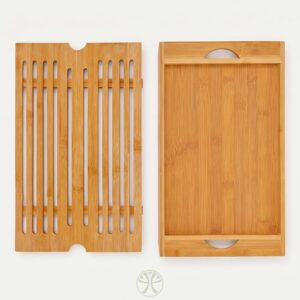 Tábua de Corte Bambu com Migalheira e Bandeja 4 em 1 | Bambu natural prensado, sulco coletor de migalhas, alças laterais, uso como fruteira ou suporte de panela, 36,8x22 cm - Imagem 8