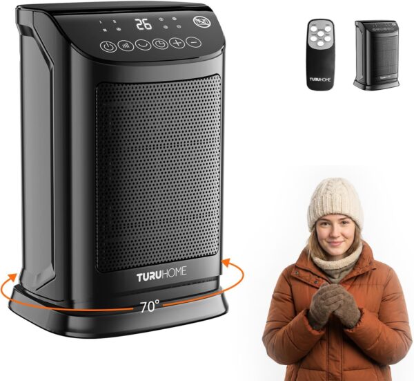 Ventilador de Ar Frio e Aquecedor TURU HOME Aquecedor Cerâmico PTC, 127V | 4 em 1, Termostato 10°C a 30°C, Oscilação 70°, Timer 12h, Controle Remoto, Proteção Térmica, Pequeno, para Quarto Escritório