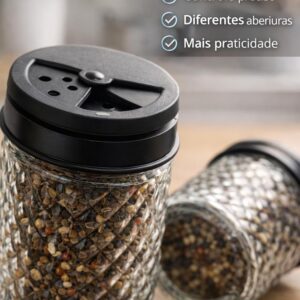 Porta Temperos Giratório com 12 Potes de Vidro Diamond, Tampa Dosadora Ajustável, Organizador de Condimentos, Suporte Giratório Cozinha, Porta Condimentos Preto - Imagem 3