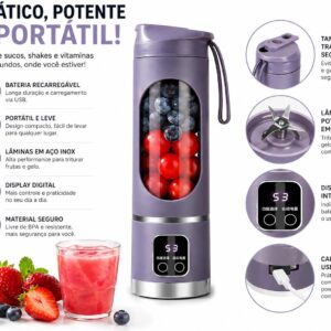 Mini Liquidificador Portátil Recarregável USB com Display Digital – Mixer de Frutas e Shake – Bateria Longa Duração, Compacto e Potente - Imagem 2