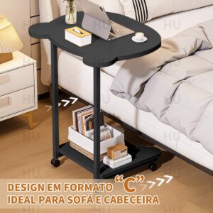 Mesa de Apoio Móvel com 2 Prateleiras - Design em C, Rodas e 60cm de Altura para Sofá e Cama (Preto) - Imagem 5