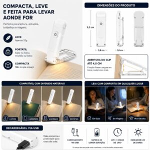 Luz de Leitura para Livro LED Recarregável USB | Luminária com Clip para Livros | 3 Modos de Luz Quente Neutra e Fria | Brilho Ajustável | Ideal para Leitura Noturna e Estudos - Imagem 4
