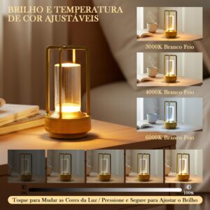 Luminária Abajur de Mesa LED Touch Sem Fio Portátil, Recarregável e Dimerizável, 3 Cores de Luz (Quente, Neutra, Fria)– Ideal para Quarto, Uso Externo, Camping, Pátio, e Sala de Estar Ouro - Imagem 4