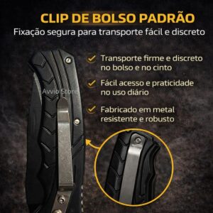Canivete Tático Retrátil Dobrável Portátil Faca Clip de Bolso Camping Pesca Caça Aço Carbono Preto 16cm Lâmina Afiada Cabo Texturizado Alta Resistência Presente Homens Premium - Imagem 5