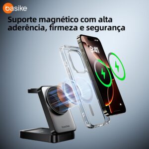 Basike Carregador Sem Fio 3 em 1 Magnético Dobrável Portátil Luz Noturna | Estação de Carregamento 2025, Compatível com MagSafe, iPhone 16/15/14/13/12, Apple Watch e AirPod (Preto) - Imagem 3