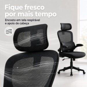 Cadeira de Escritório Presidente Ergonômica Preta Encosto Mesh Reclinável 135 Graus Cadeira Giratória com Apoio de Cabeça Braços Ajustáveis Suporte Lombar Alta Densidade Confortável - Imagem 8
