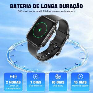 Smartwatch com Tela Sensível ao Toque 1,83", Bluetooth 5.2, Resistente à Água IP68, Bateria 240mAh, Preto - Imagem 5