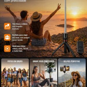 Tripé para Celular 1,70m, Bastão de Selfie 3 em 1 | com Altura Ajustável, com Controle Bluetooth, Rotação 360°, Portátil, para Vídeos, Fotos e Lives, iPhone e Android - Imagem 3