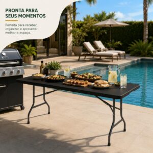 Mesa Dobrável 1,80m Portátil Preta Tipo Maleta com Alça – Resistente e Leve, Ideal para Camping, Praia, Jardim, Festas e Área Gourmet Interna ou Externa - Imagem 9