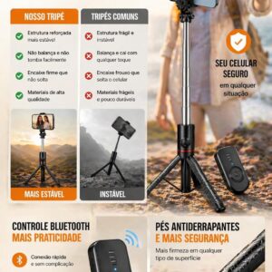Tripé para Celular 1,70m, Bastão de Selfie 3 em 1 | com Altura Ajustável, com Controle Bluetooth, Rotação 360°, Portátil, para Vídeos, Fotos e Lives, iPhone e Android - Imagem 5